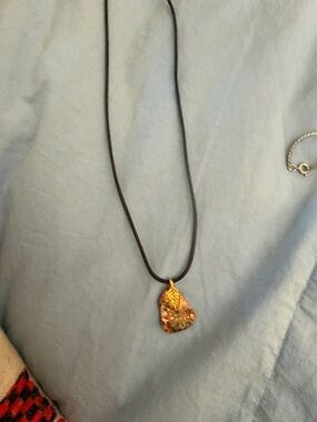 Gold Leaf Accent Brown Leather Cord Pendant Necklace